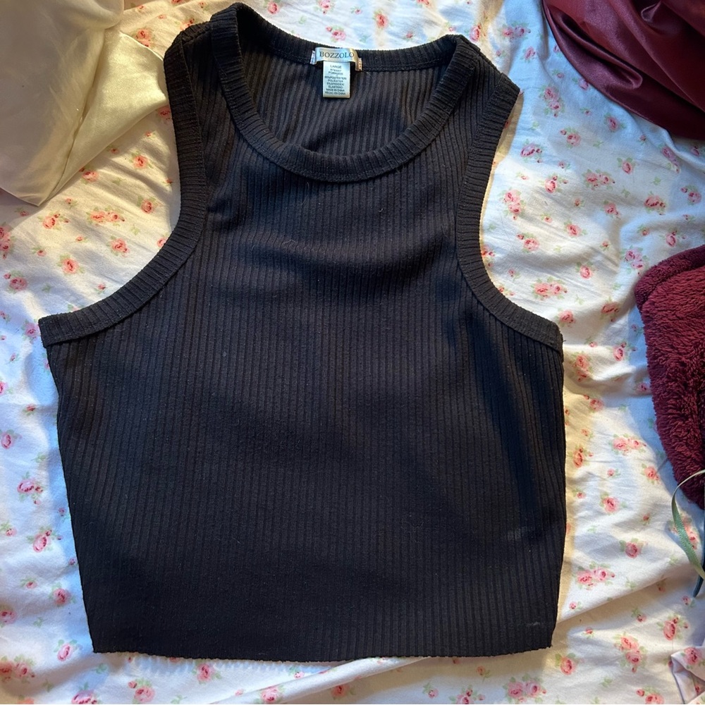 bozzolo black ribbed cropped high neck tank top